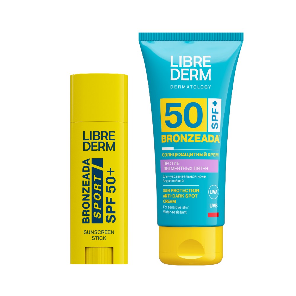 Изображение товара Набор ЛИБРИДЕРМ БРОНЗИАДА: солнцезащитный крем для лица против пигментных пятен SPF50 + стик для губ и лица солнцезащитный SPF50
