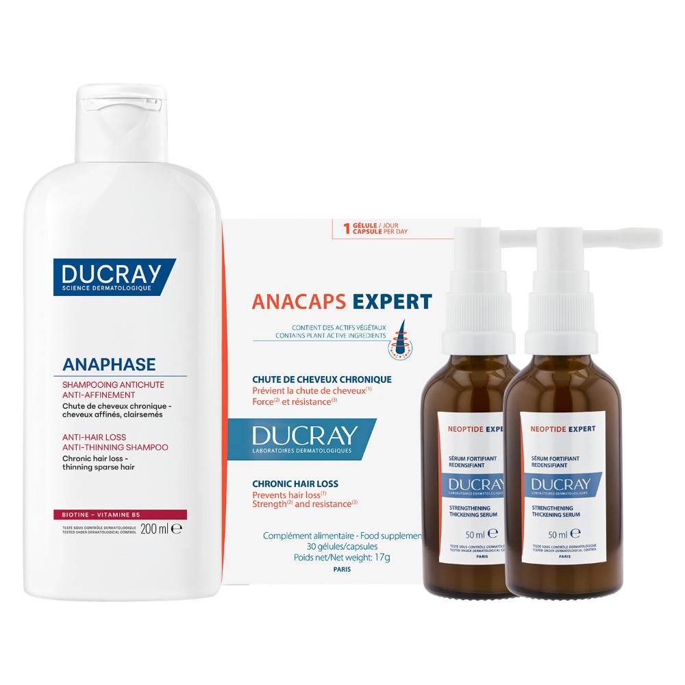Изображение товара Набор DUCRAY: NEOPTIDE EXPERT СЫВОРОТКА УКРЕПЛЯЮЩ 2X50МЛ + ANAPHASE ШАМПУНЬ ПРОТИВ ХРОНИЧ ВЫПАД 200МЛ + АНАКАПС ЭКСПЕРТ №30 КАПС
