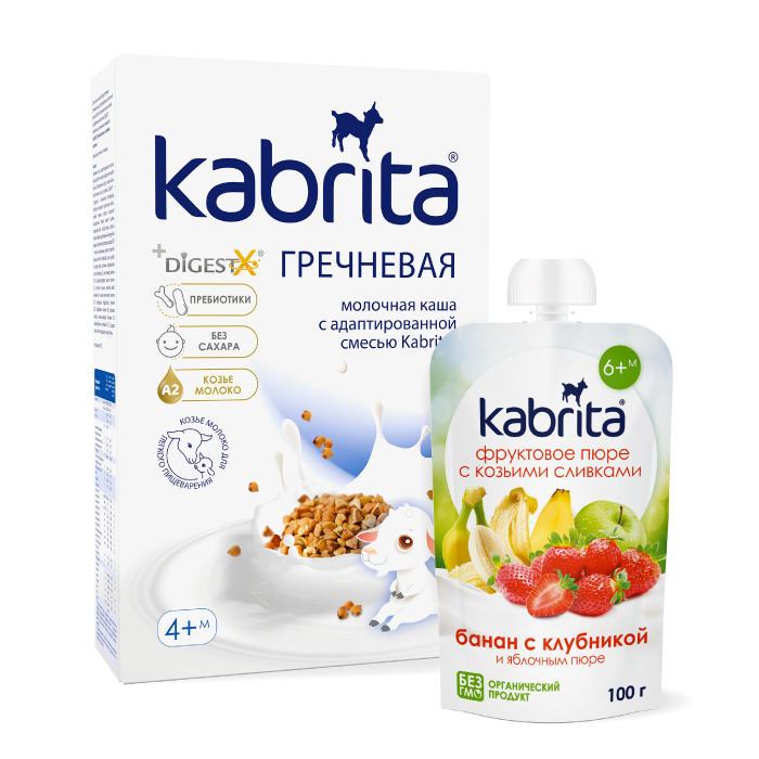 Изображение товара Набор KABRITA каша гречневая 180,0 + KABRITA пюре фруктовое с козьими сливками Банан с клубникой
