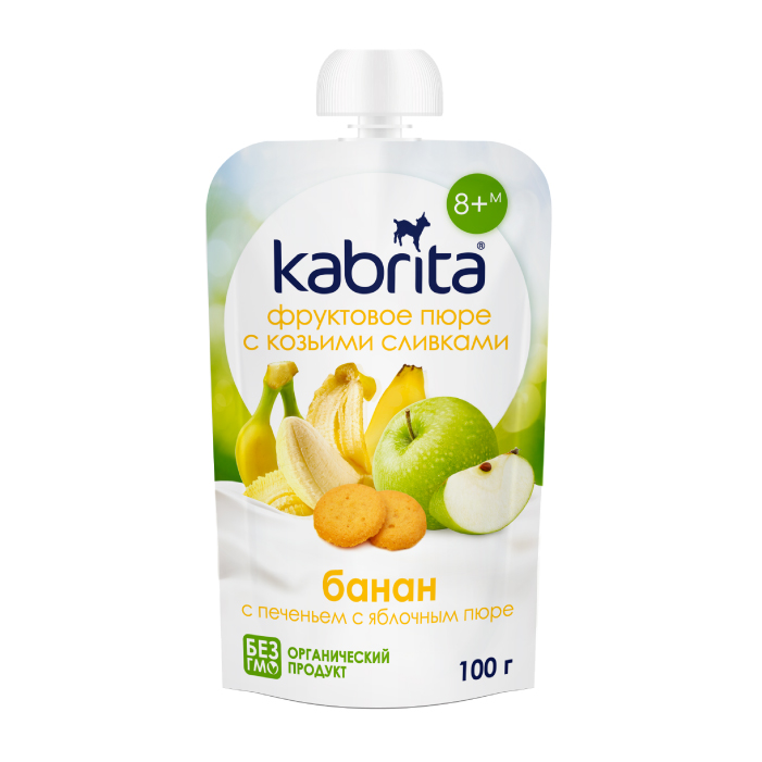 Изображение товара Детское пюре Kabrita Банан с печеньем и яблочным пюре и козьими сливками 100 г