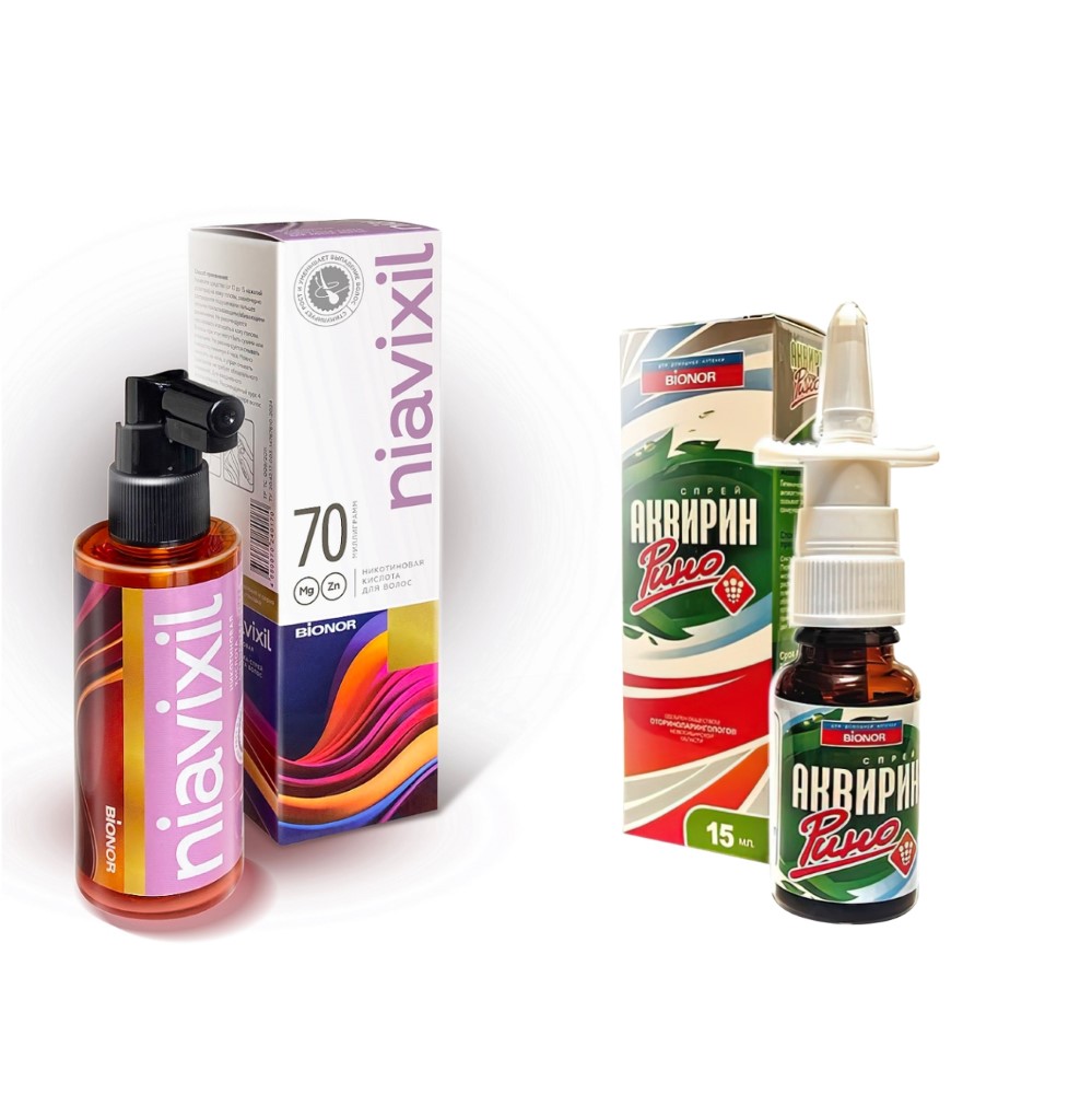 Изображение товара Набор НИКОТИНОВАЯ КИСЛОТА NIAVIXIL СЫВОРОТКА-СПРЕЙ ДЛЯ РОСТА ВОЛОС 70МЛ + АКВИРИН РИНО 15МЛ СПРЕЙ