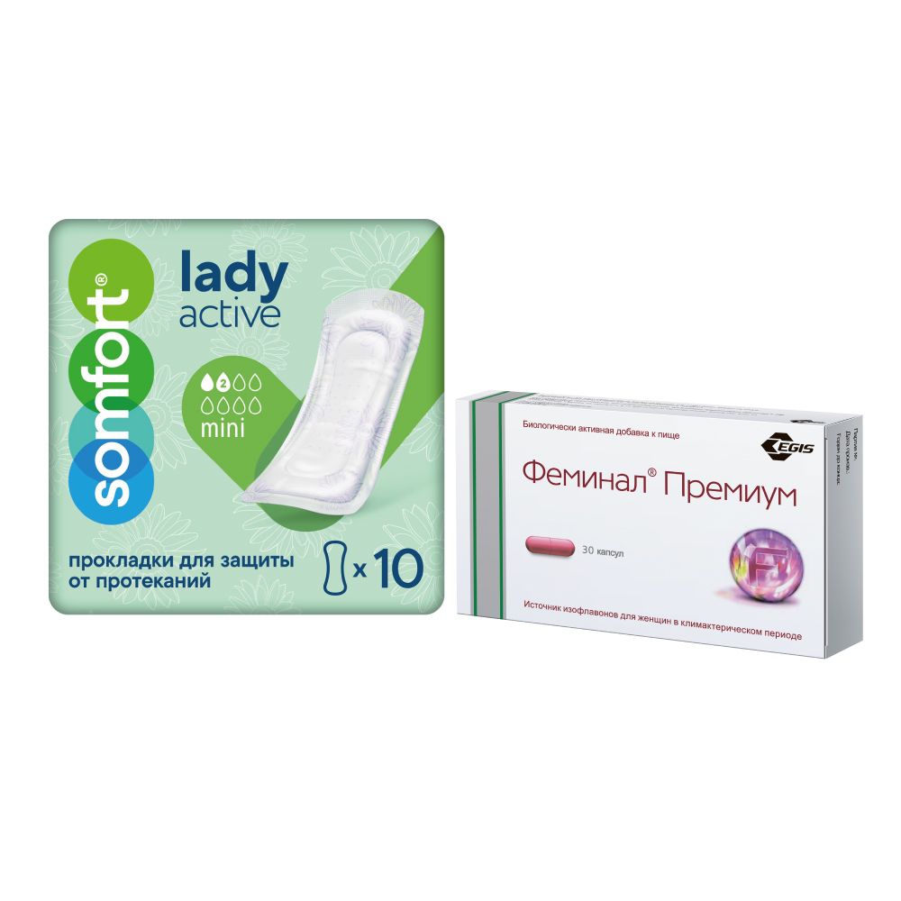 Изображение товара Набор Феминал Премиум + Somfort Прокладки Lady Active Mini N10 по специальной цене Изображение товара Набор Феминал Премиум + Somfort Прокладки Lady Active Mini N10 по специальной цене