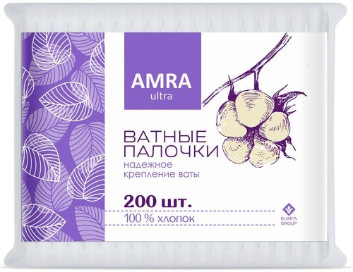 Изображение товара Amra ватные палочки в пакете 200 шт.