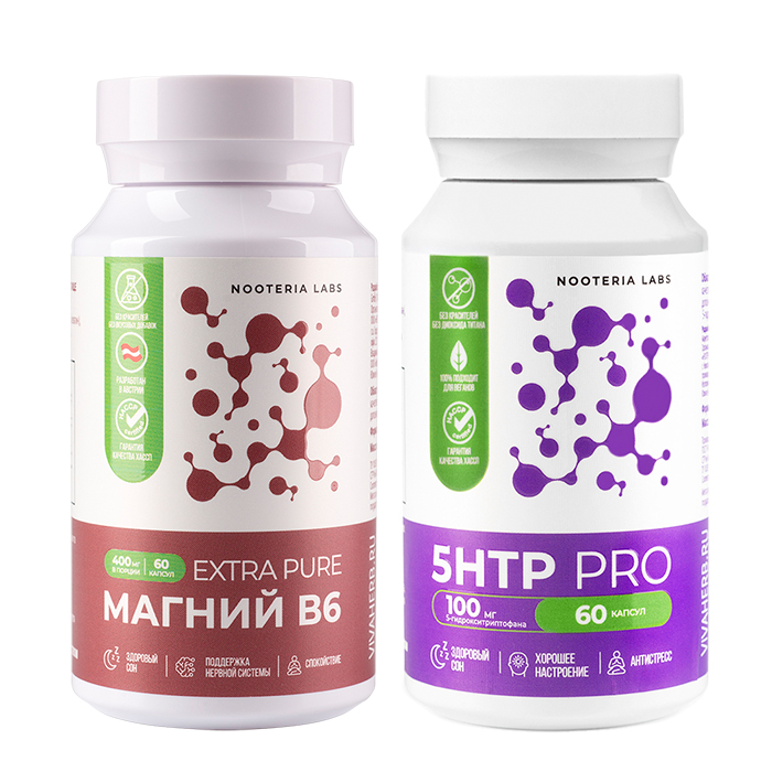 Изображение товара Набор из 1 уп. NOOTERIA LABS МАГНИЙ В6 EXTRA PURE N60 КАПС ПО 730МГ+1 уп. NOOTERIA LABS 5HTP PRO (5-ГИДРОКСИТРИПТОФАН) N60 КАПС