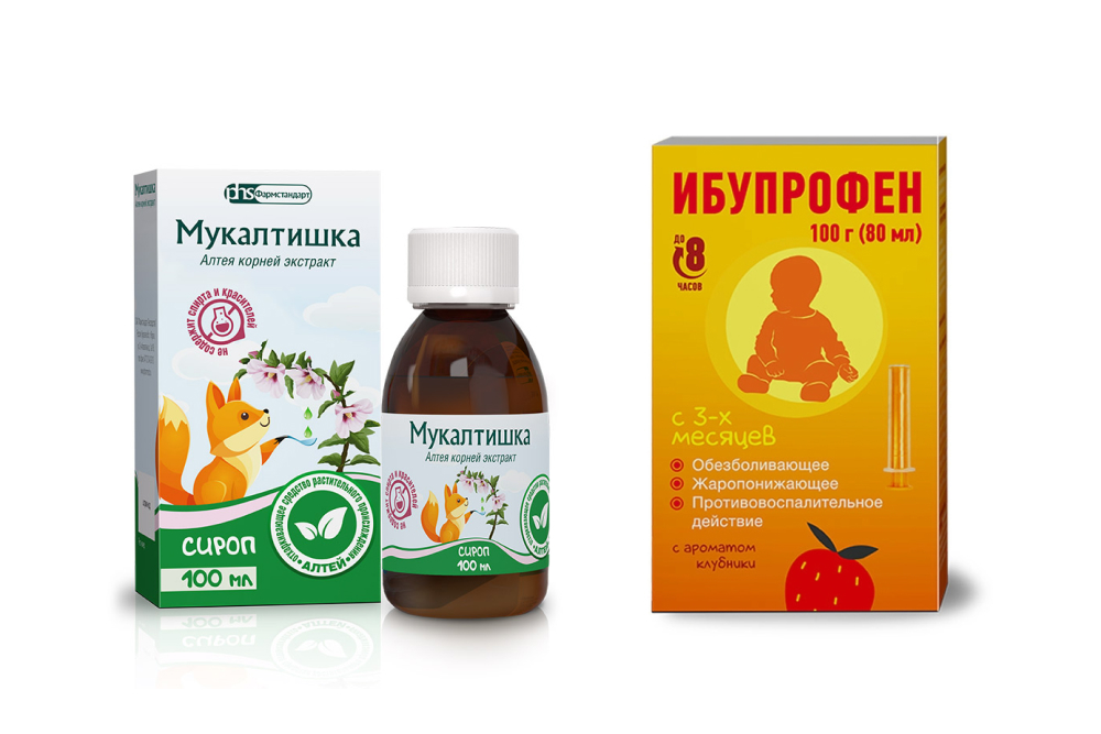 Изображение товара Набор при простуде и кашле у детей: Ибупрофен (клубника) + Мукалтишка (вишня) - со скидкой 15%