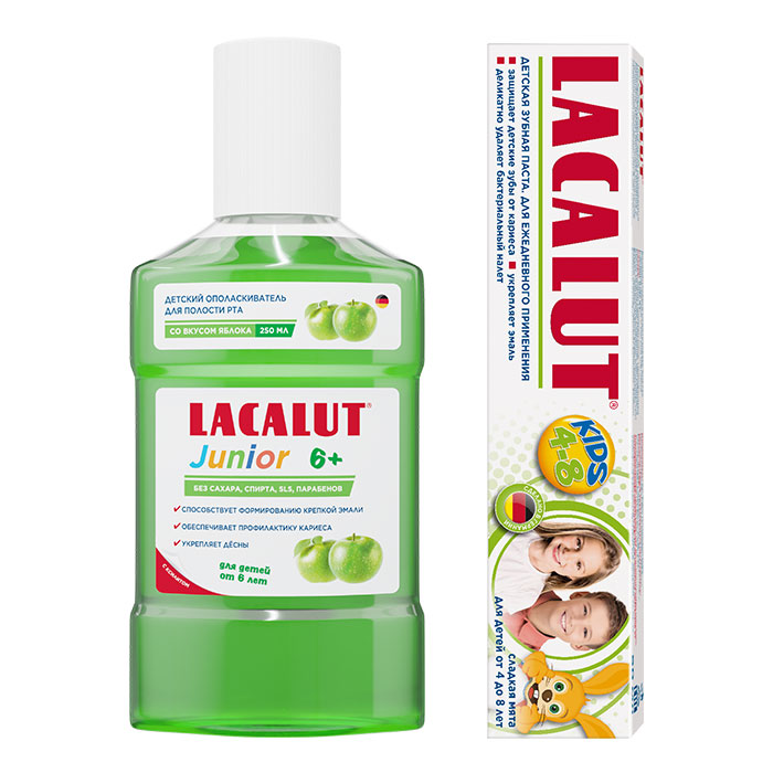 Изображение товара Набор LACALUT: ЗУБНАЯ ПАСТА KIDS ДЕТСКАЯ 50МЛ/4-8ЛЕТ+ ОПОЛАСКИВАТЕЛЬ ДЛЯ ПОЛОСТИ РТА ДЕТСКИЙ JUNIOR 6+ СО ВКУСОМ ЯБЛОКА 250МЛ