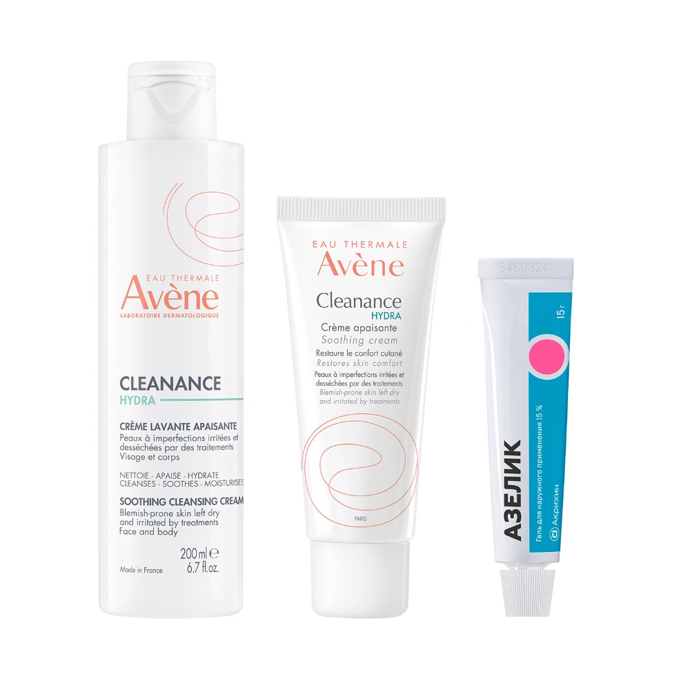 Изображение товара Набор AVENE КЛИНАНС ГИДРА: КРЕМ УСПОКАИВАЮЩИЙ 40МЛ + КРЕМ Д/ПРОБЛЕМНОЙ КОЖИ ОЧИЩАЮЩ УСПОКАИВАЮЩ 200МЛ + АЗЕЛИК 15% 30,0 ГЕЛЬ Д/Н