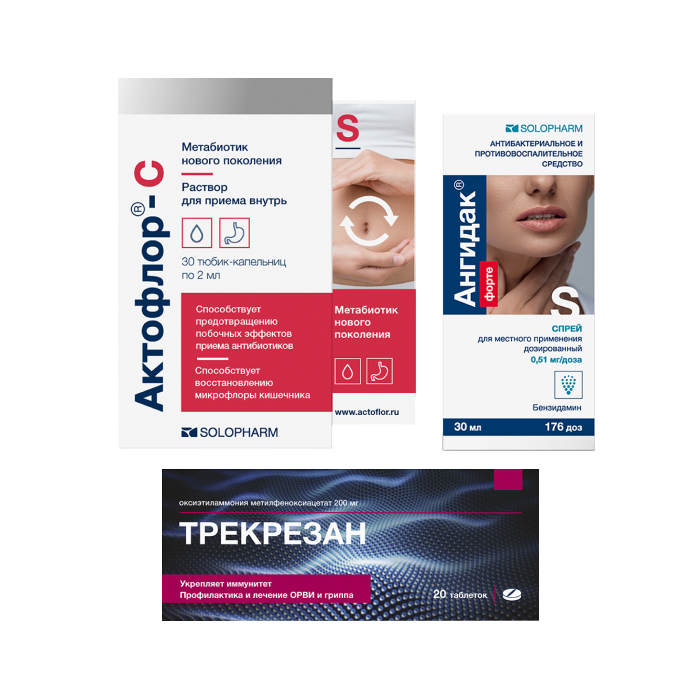 Изображение товара Набор Актофлор-С №30 + Ангидак форте 30мл спрей при боли в горле + Трекрезан 0,2 №20 табл со скидкой