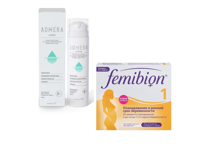 Изображение товара Набор  Фемибион 1 №28 табл + Адмера лосьон для ухода лица и тела 200 мл со скидкой
