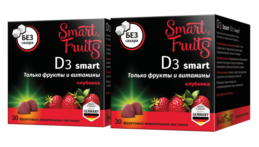 Изображение товара Набор из 2-х упаковок SMART FRUITS D3 СМАРТ 30 шт. пастилки жевательные Изображение товара Набор из 2-х упаковок SMART FRUITS D3 СМАРТ 30 шт. пастилки жевательные
