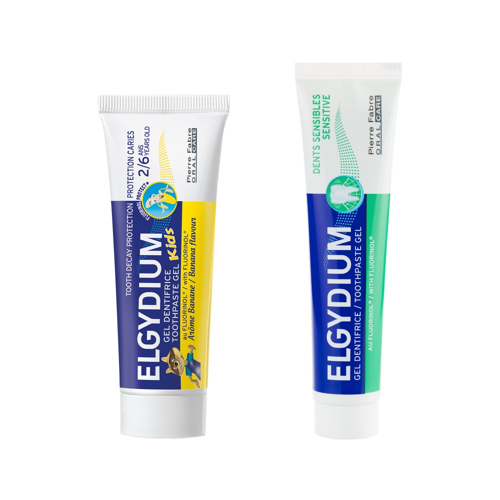 Изображение товара Набор ЭЛЬГИДИУМ: ЗУБНАЯ ПАСТА-ГЕЛЬ СЕНСИТИВ 75МЛ + ЭЛЬГИДИУМ ЗУБНАЯ ПАСТА-ГЕЛЬ Д/ДЕТЕЙ ОТ 2 ДО 6 ЛЕТ БАНАН 50МЛ