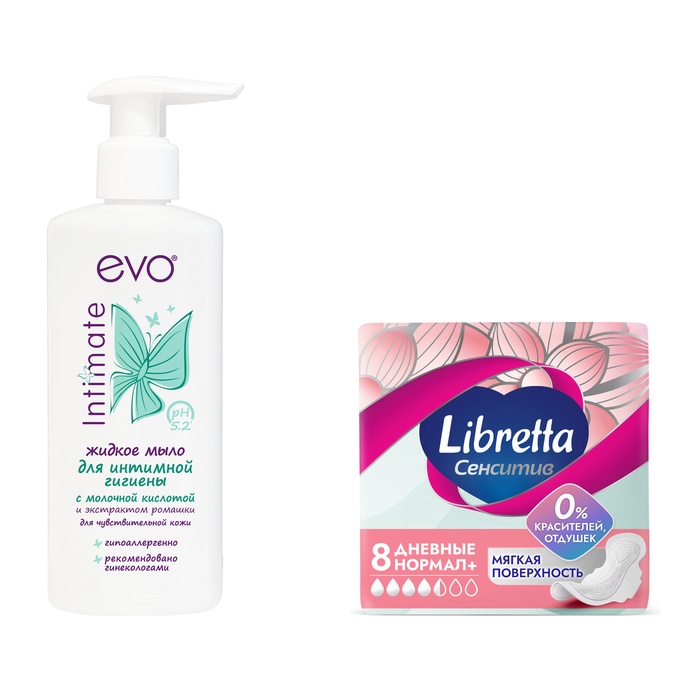 Изображение товара Набор Evo Intimate мыло жидк д/инт гиг д/чув кожи 200мл + Libretta прокладки ультратонкие сенситив нормал с мягкой поверхностью N8 Изображение товара Набор Evo Intimate мыло жидк д/инт гиг д/чув кожи 200мл + Libretta прокладки ультратонкие сенситив нормал с мягкой поверхностью N8