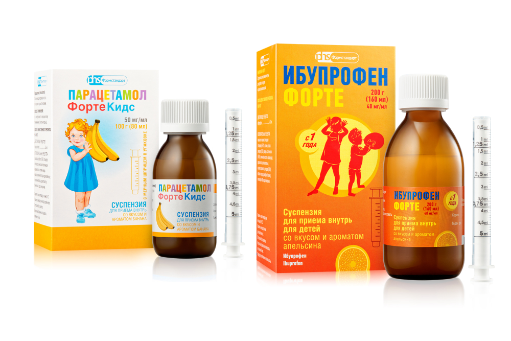 Изображение товара Набор при температуре у детей с 2х лет: Ибупрофен Форте 200г (апельсин) + Парацетамол ФортеКидс со скидкой
