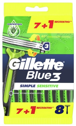 Изображение товара Gillette blue 3 simple sensitive бритвы безопасные одноразовые 8 шт.