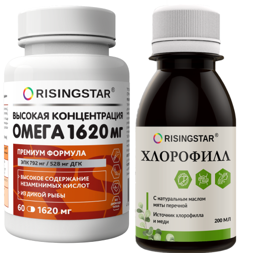 Изображение товара Набор RISINGSTAR: ОМЕГА-3 жирные кислоты 60 капс + ХЛОРОФИЛЛ 200мл
