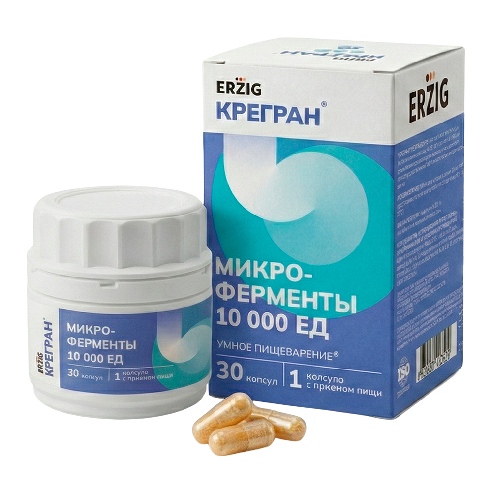Изображение товара КРЕГРАН МИКРОФЕРМЕНТЫ 10000 ЕД - биологическая добавка для пищеварения, 30 капсул