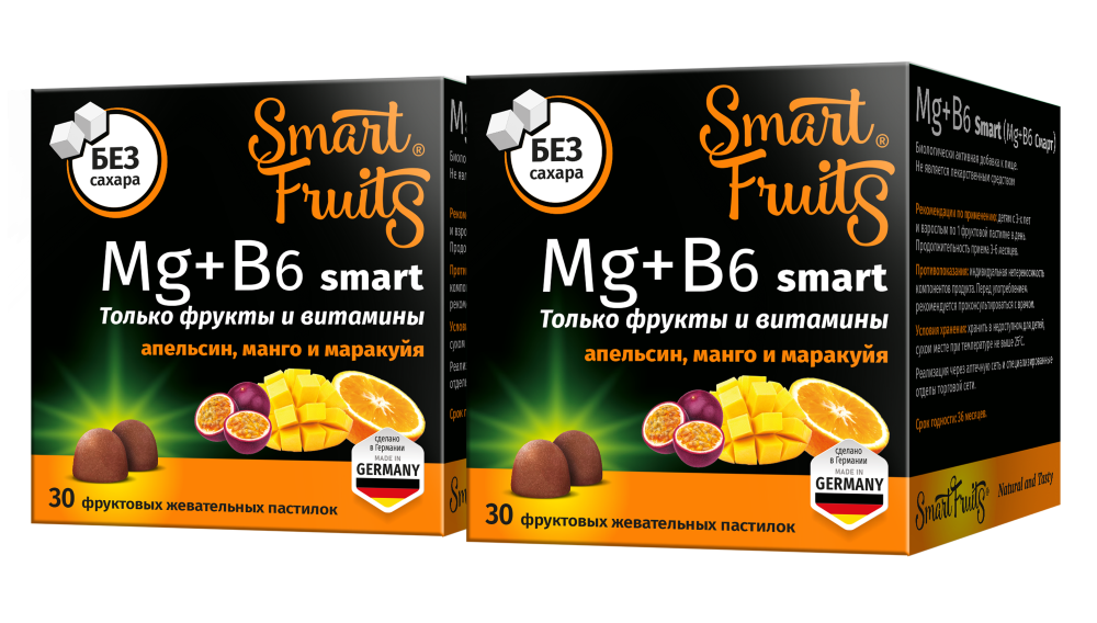 Изображение товара Набор из 2-х упаковок SMART FRUITS MG+B6 СМАРТ 30шт. пастилки жевательные Изображение товара Набор из 2-х упаковок SMART FRUITS MG+B6 СМАРТ 30шт. пастилки жевательные
