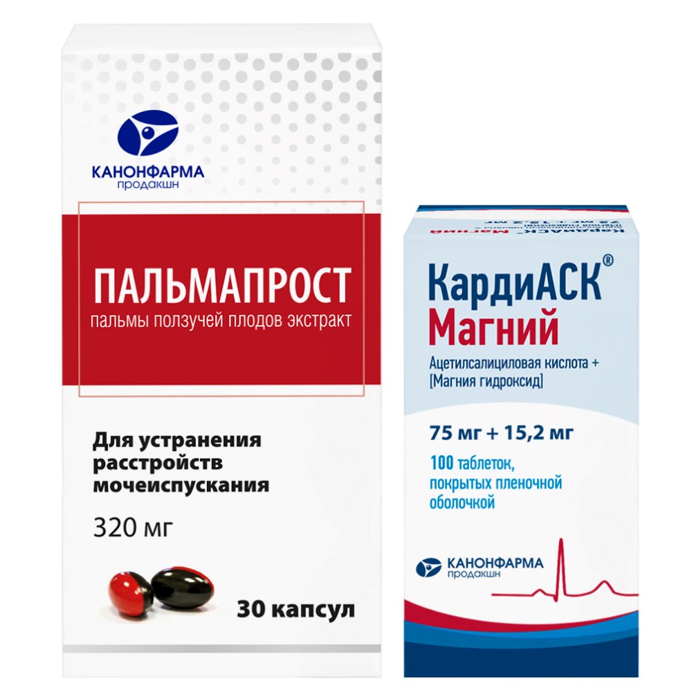Изображение товара Набор для мужчин по специальной цене: Пальмапрост №30 + КардиАСК Магний 75 мг + 15,2 мг №100 Изображение товара Набор для мужчин по специальной цене: Пальмапрост №30 + КардиАСК Магний 75 мг + 15,2 мг №100