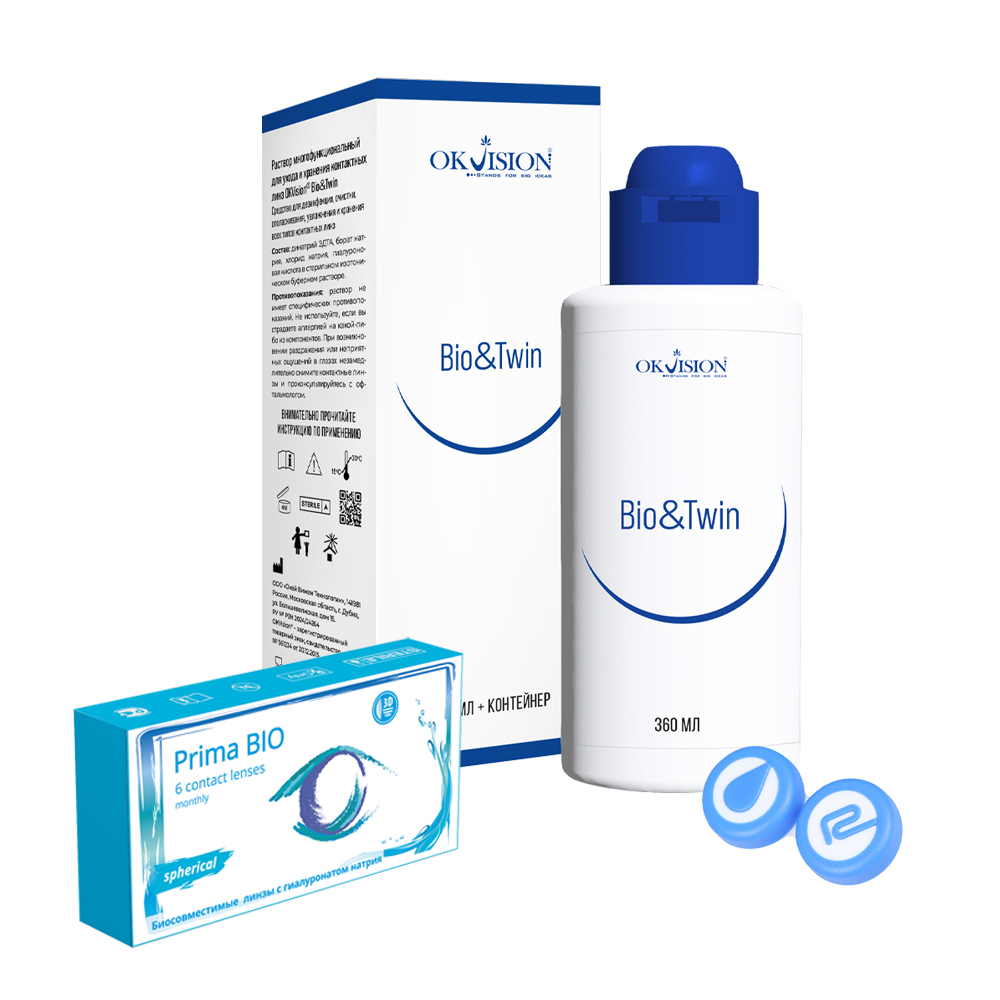 Изображение товара Набор OKVISION PRIMA BIO SPHERICAL 8,6/14,2 N6/-3,00/ мягкие линзы + OKVISION BIO&TWIN 360 мл р-р д/ухода за линзами