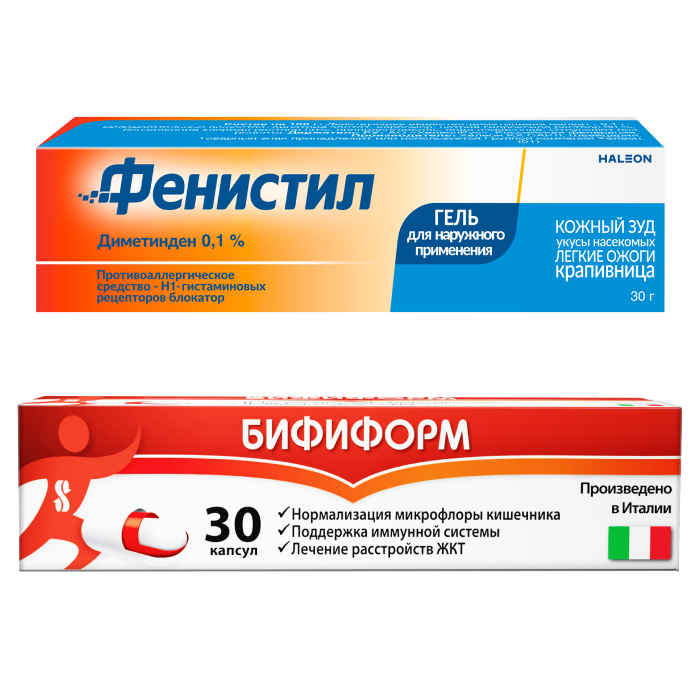 Изображение товара Набор Фенистил 0,1% гель д/наруж применения 30,0 + Бифиформ N30 капс кишечнор со скидкой 10%
