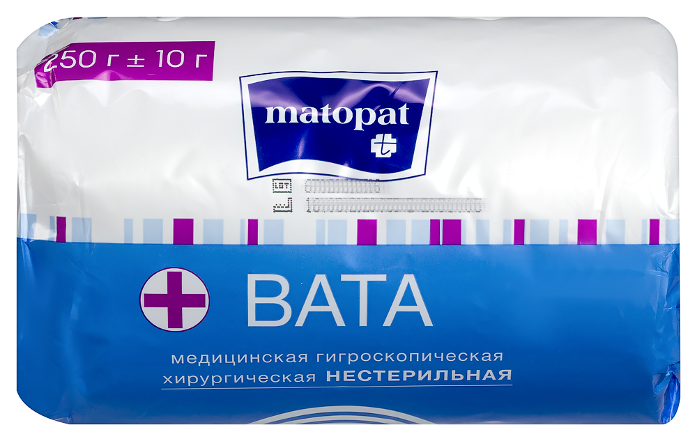 Изображение товара Вата хирургическая нестерильная 250 г Матопат для перевязки и гигиены Изображение товара Вата хирургическая нестерильная 250 г Матопат для перевязки и гигиены