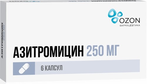 Изображение товара Азитромицин 250 мг 6 капсул для лечения инфекций верхних и нижних дыхательных путей кожа и мочеполо