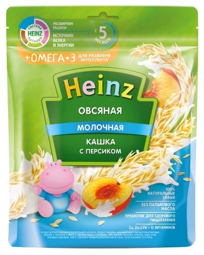 Купить Heinz каша молочная сухая быстрорастворимая с омега-3 овсяная кашка с персиком 200 гр цена