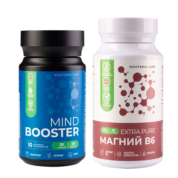 Изображение товара Набор из 1 уп. NOOTERIA LABS МАГНИЙ В6 EXTRA PURE N60 КАПС ПО 730МГ+1 уп. NOOTERIA LABS МАИНД БУСТЕР N40 КАПС ПО 520МГ по специа