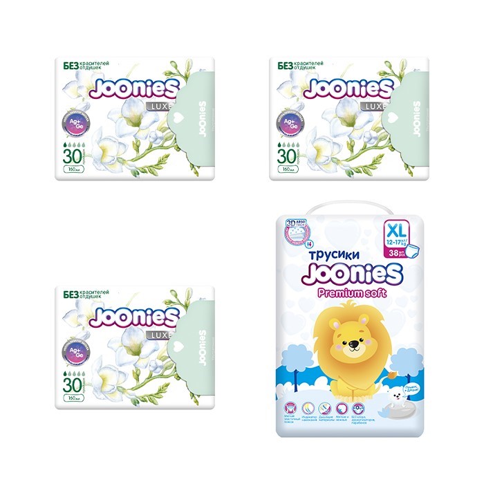 Изображение товара Набор JOONIES: подгузники для детей PREMIUM SOFT XL/12-17КГ N38 + 3 уп. женских ежедневных прокладок