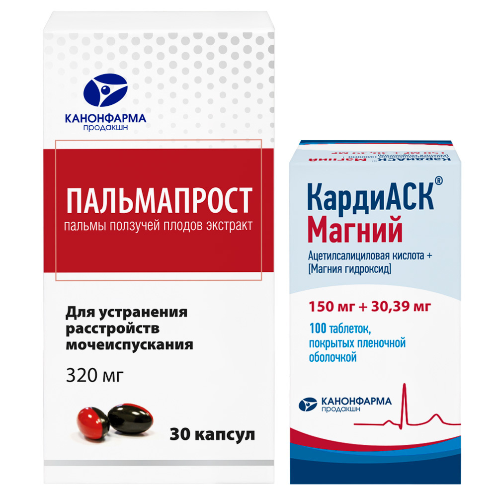 Изображение товара Набор для мужчин по специальной цене: Пальмапрост №30 + КардиАСК Магний 150 мг + 30,39 мг №100 Изображение товара Набор для мужчин по специальной цене: Пальмапрост №30 + КардиАСК Магний 150 мг + 30,39 мг №100