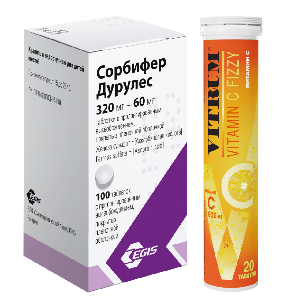 Изображение товара Набор СОРБИФЕР ДУРУЛЕС 0,32+0,06 N100 ТАБЛ ПРОЛОНГ ВЫСВОБ П/ПЛЕН/ОБОЛОЧ + Витрум витамин с шипучий 20 шт. таблетки массой 3,8 г