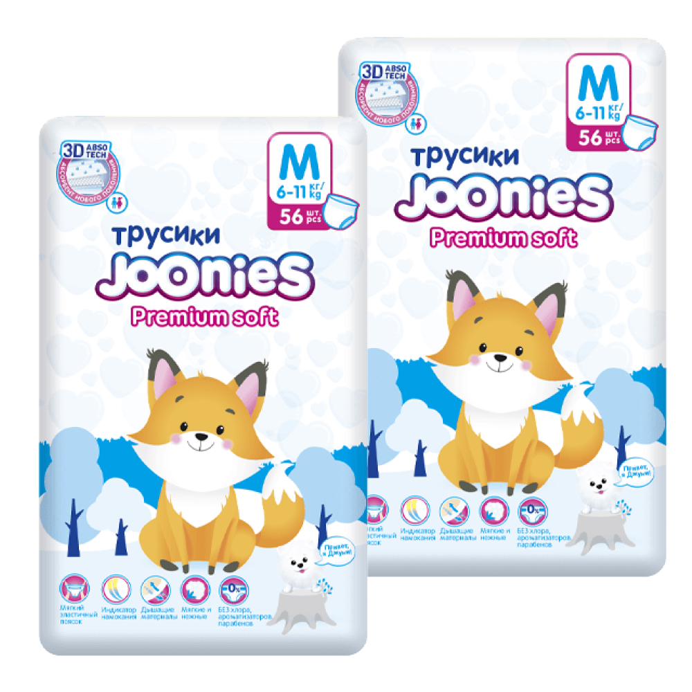 Изображение товара Набор из 2х уп. JOONIES PREMIUM SOFT ПОДГУЗНИКИ-ТРУСИКИ ДЛЯ ДЕТЕЙ M/6-11КГ N56