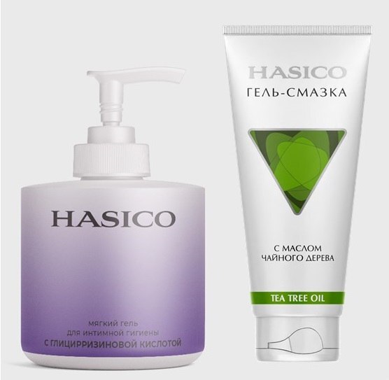 Изображение товара Набор из 2х средств HASICO: гель для интимной гигиены с глицирризиновой кислотой + ГЕЛЬ-СМАЗКА С МАСЛОМ ЧАЙНОГО ДЕРЕВА 100МЛ