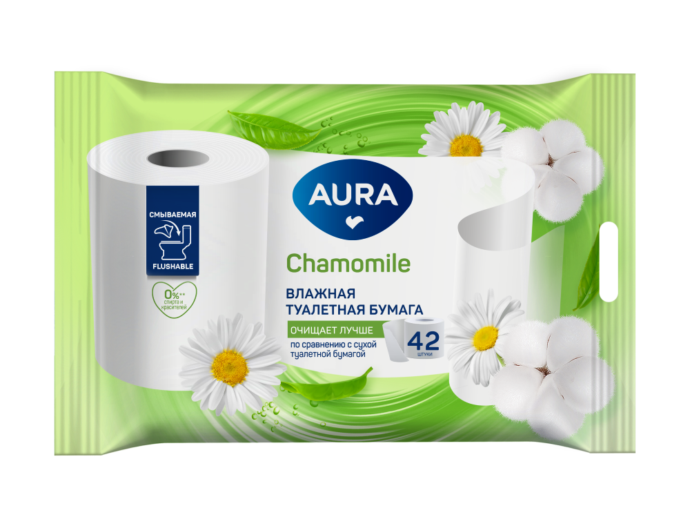 Изображение товара Aura влажная туалетная бумага с ромашкой 42 листа для гигиены