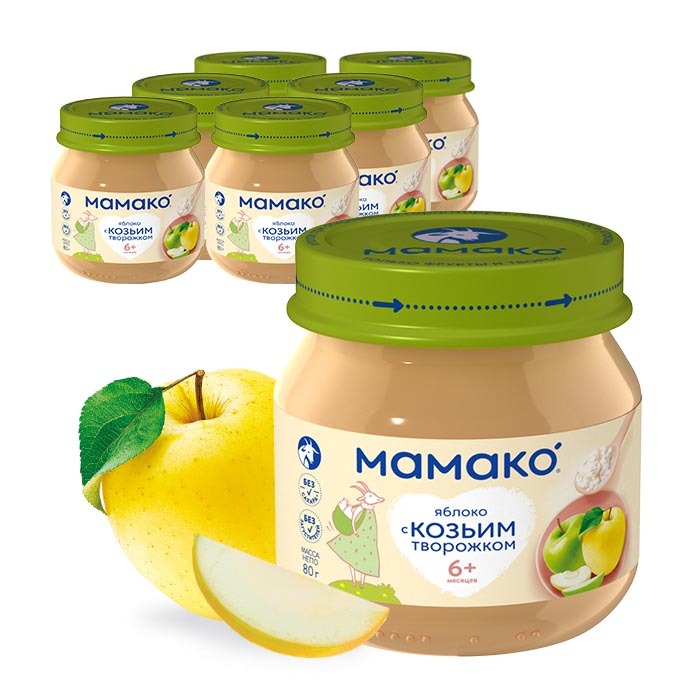 Изображение товара Набор из 6 банок МАМАКО ПЮРЕ ИЗ ЯБЛОК С КОЗЬИМ ТВОРОГОМ 80,0 по спец.цене