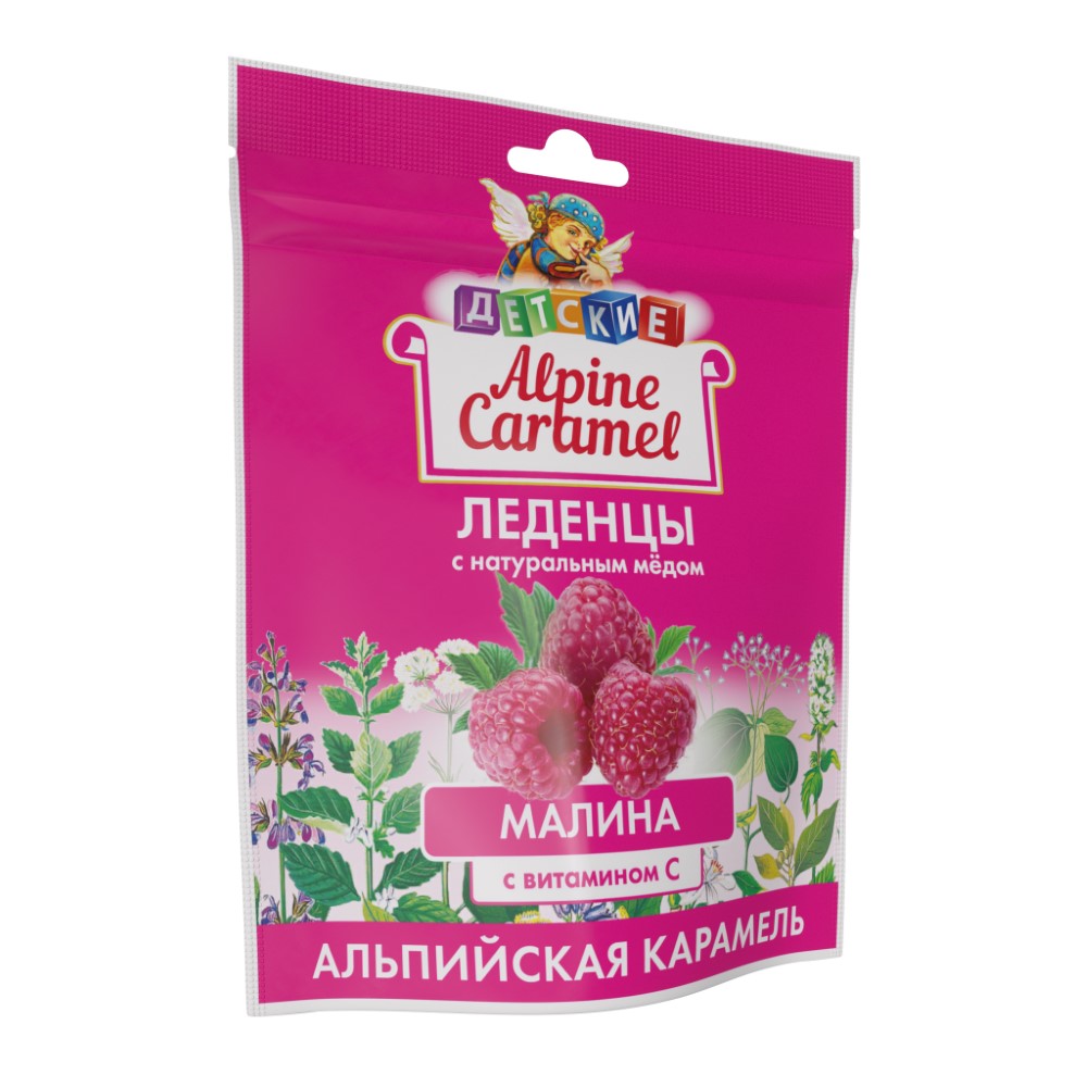 Alpine caramel леденцы альпийская карамель детские с натуральным медом и  витамином с со вкусом малины 75 гр