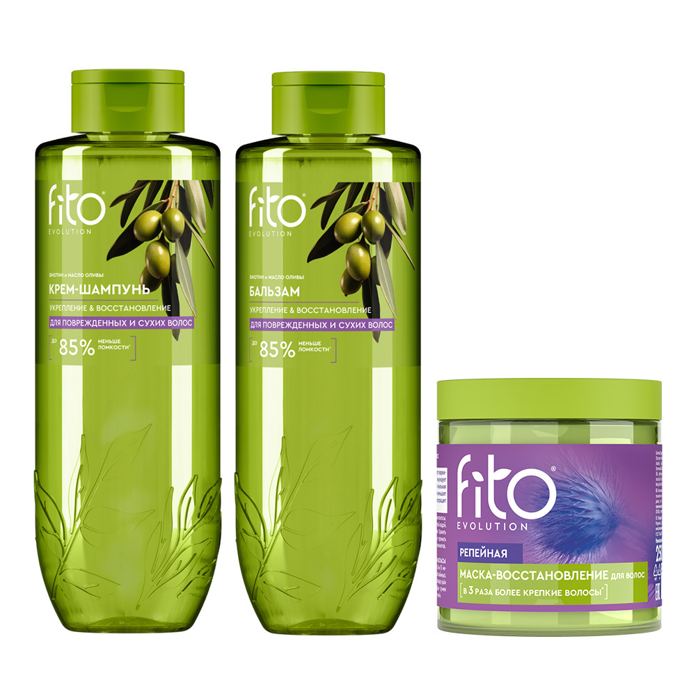 Изображение товара НАБОР FITO EVOLUTION со скидкой: КРЕМ-ШАМПУНЬ ДЛЯ ПОВРЕЖДЕННЫХ И СУХИХ ВОЛОС 500МЛ + БАЛЬЗАМ ДЛЯ ПОВРЕЖДЕННЫХ И СУХИХ ВОЛОС 500МЛ + МАСКА-ВОССТАНОВЛЕНИЕ РЕПЕЙНАЯ 250МЛ