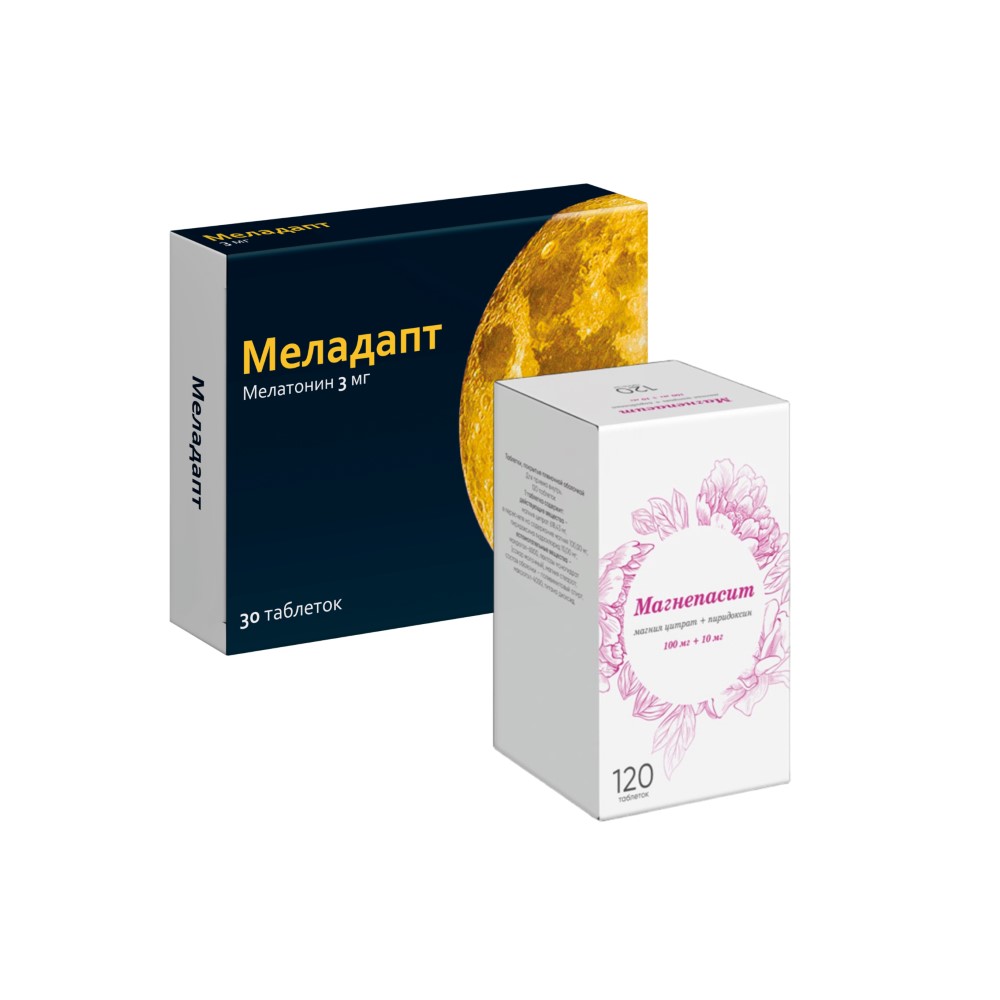 Изображение товара Набор со скидкой Меладапт 3 мг 30 шт и Магнепасит 100 мг + 10 мг 120 шт