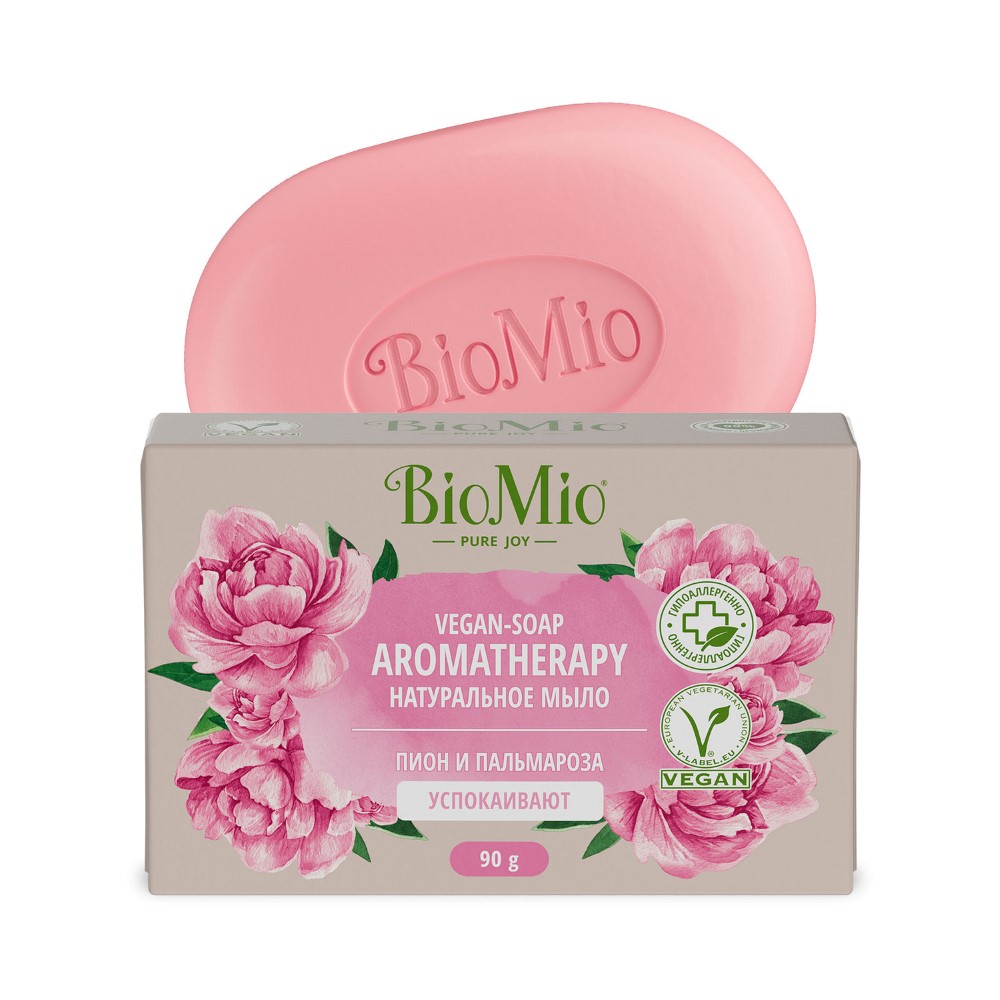 Biomio bio-soap aromatherapy мыло натуральное пион и эфирное масло  пальмарозы 90 гр - цена 105.40 руб., купить в интернет аптеке в Шуе Biomio  bio-soap aromatherapy мыло натуральное пион и эфирное масло пальмарозы