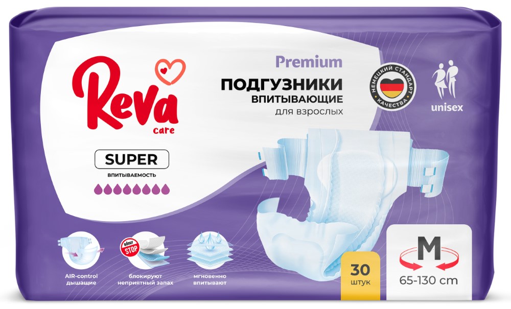 Изображение товара Подгузники для взрослых Reva Care M 30 шт. высокая впитываемость, защита при недержании