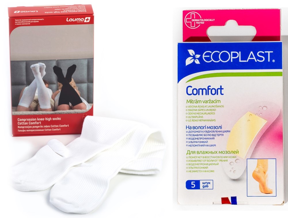 Изображение товара Набор Lauma гольфы компрессионные белые Cotton comfort 1 кл/разм 36-38 + Ecoplast пластырь противомозольный Comfort
