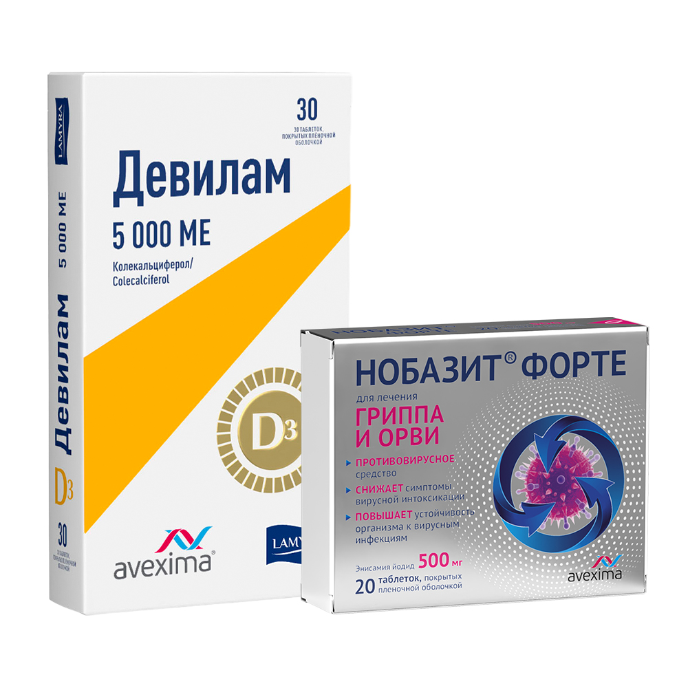 Изображение товара Набор Девилам 5000МЕ N30 табл + Нобазит Форте 0,5 N20 табл Изображение товара Набор Девилам 5000МЕ N30 табл + Нобазит Форте 0,5 N20 табл