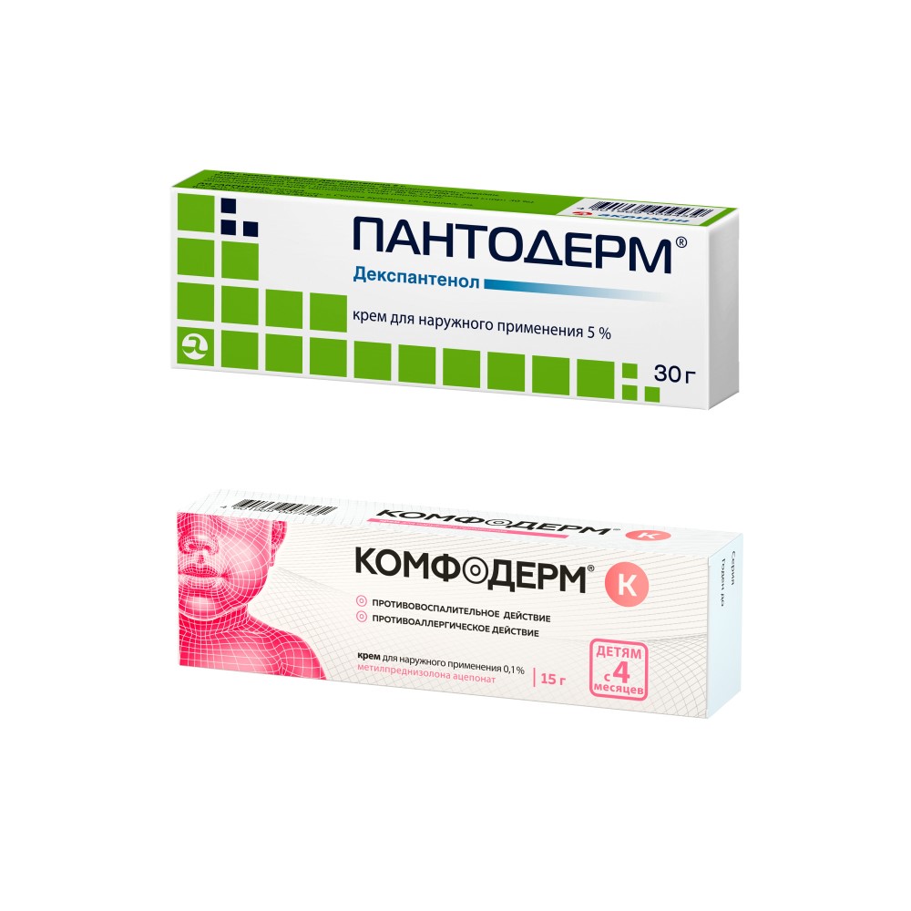 Изображение товара НАБОР КОМФОДЕРМ К 0,1% 15,0 КРЕМ Д/НАРУЖ ПРИМ + ПАНТОДЕРМ 5% 30,0 КРЕМ Д/НАРУЖ ПРИМ закажи со скидкой 20%