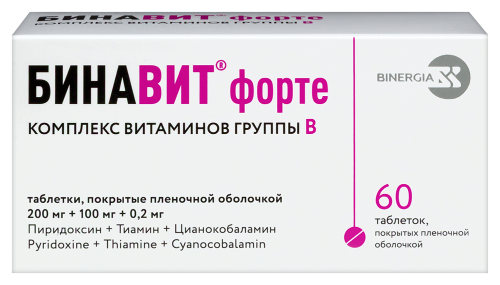 Изображение товара Бинавит форте 200мг+100мг+0,2мг 60 шт. таблетки для неврологических заболеваний