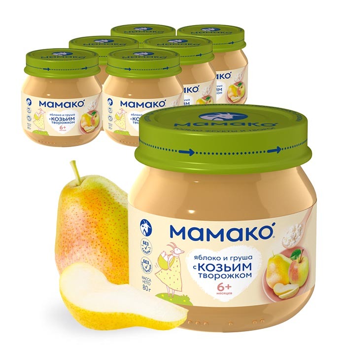 Изображение товара Набор из 6 банок МАМАКО ПЮРЕ ИЗ ЯБЛОК С ГРУШЕЙ И КОЗЬИМ ТВОРОГОМ 80,0 по специальной цене