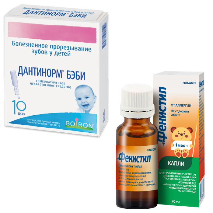 Изображение товара Набор Дантинорм бэби 1мл №10 р-р гомеопатический + Фенистил 20мл капли д/приема внутрь со скидкой