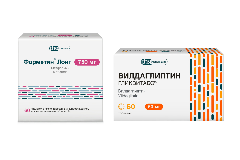Изображение товара Набор Форметин Лонг 750мг №60 таб + Вилдаглиптин Гликвитабс 50мг №60 таб со скидкой
