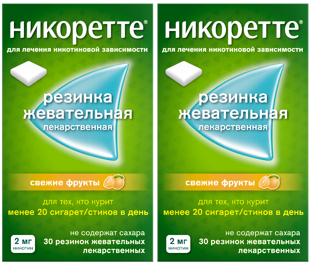 Изображение товара Набор - Никоретте® Свежие фрукты 2 мг, 30 шт х 2, жевательная резинка при отказе от курения Изображение товара Набор - Никоретте® Свежие фрукты 2 мг, 30 шт х 2, жевательная резинка при отказе от курения