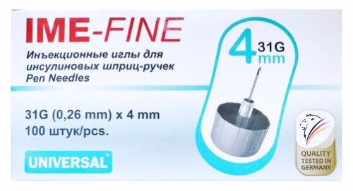 Изображение товара Иглы ime-fine универсальные инъекционные одноразовые для инсулиновых шприц-ручек 31g 0,26х4 мм 100 шт.