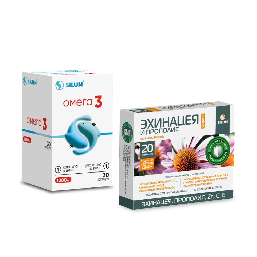 Изображение товара НАБОР ОМЕГА-3 ВИАВИТ N30 КАПС + ЭХИНАЦЕЯ ФОРТЕ И ПРОПОЛИС SILUM N20 ТАБЛ Д/РАСС ПО 1100МГ комплект со скидкой